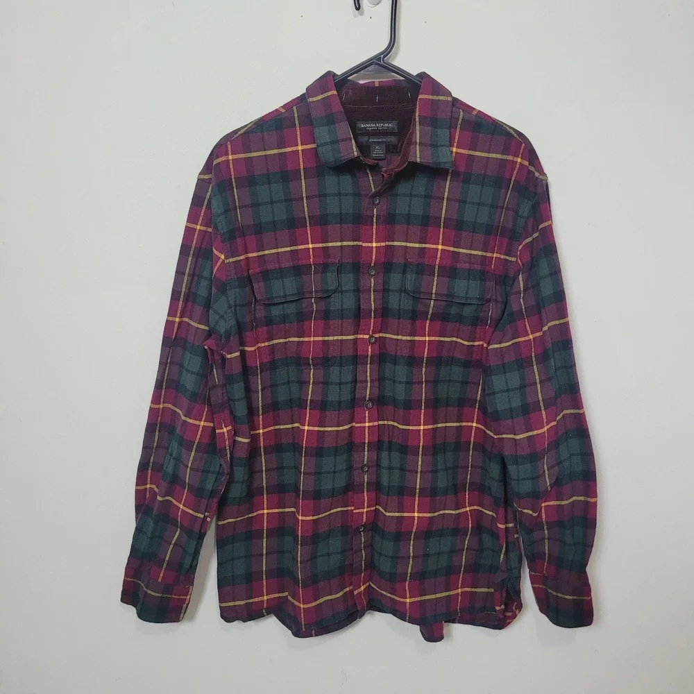 Banana Republic XL Flannel Shirt Mens Burgundy Plaid Corduroy Elbow Patches